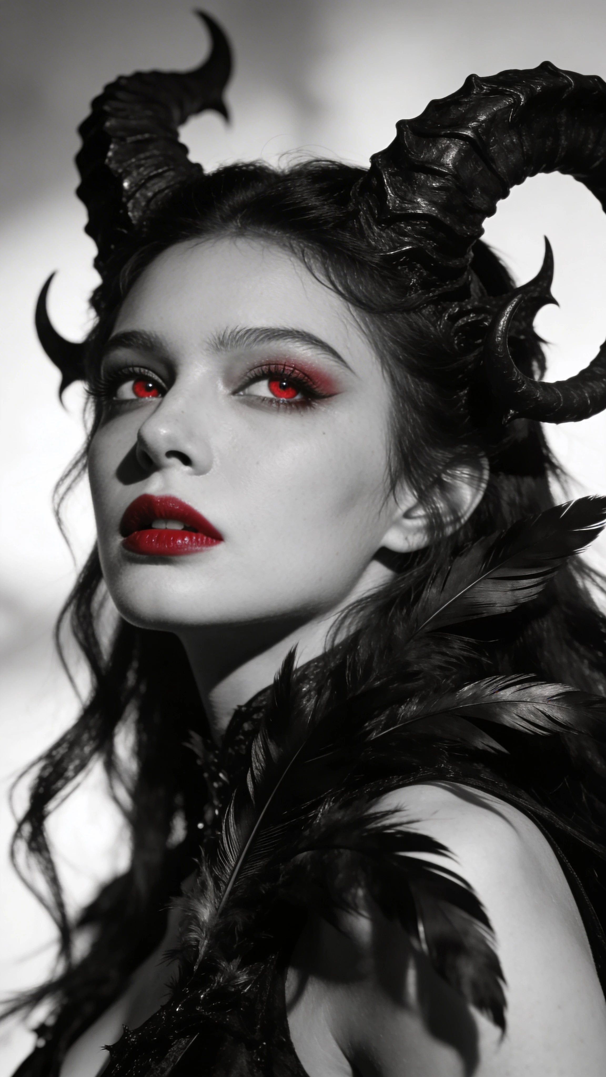 Gothic horned woman in surreal black and white portrait