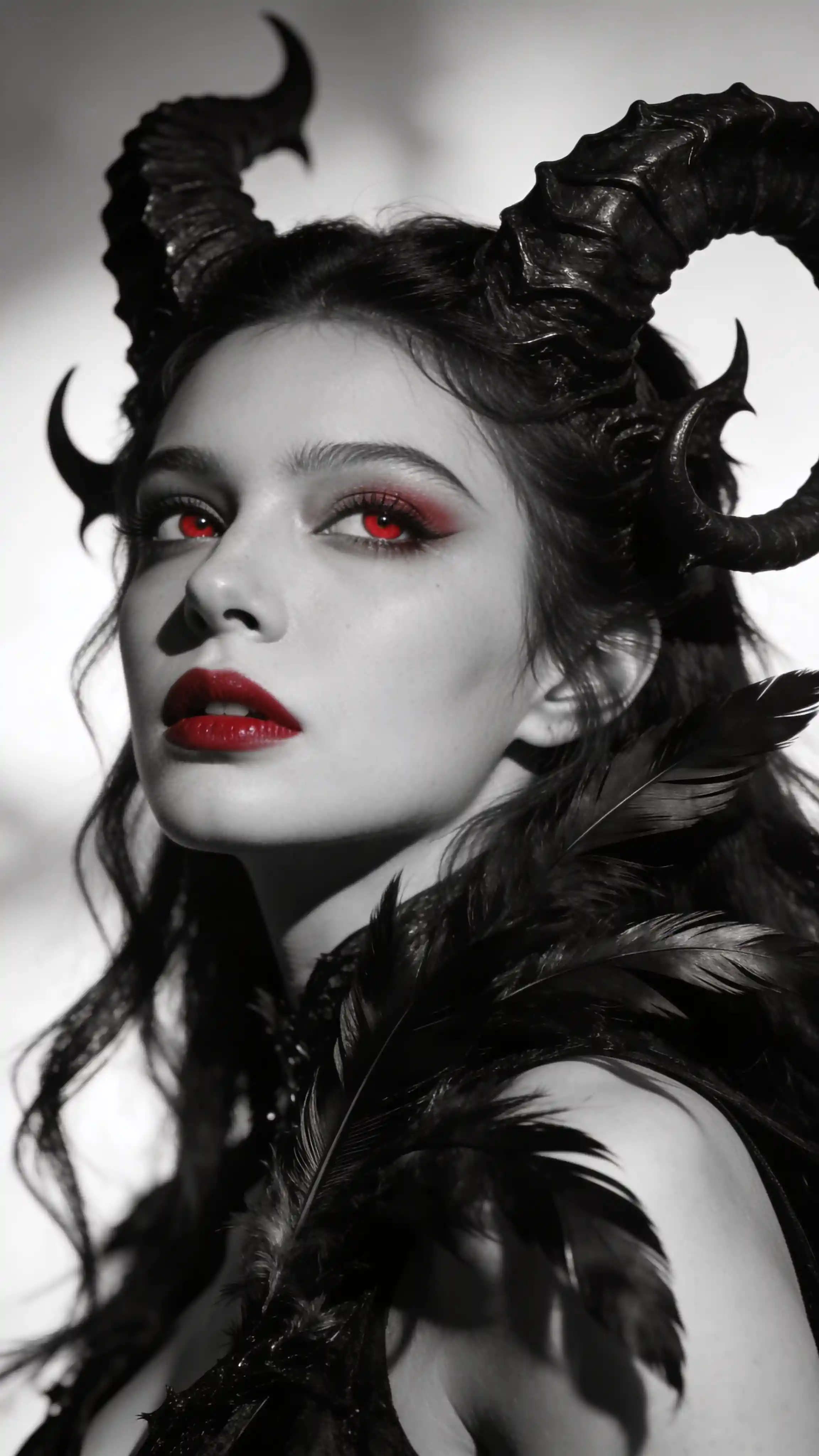 Gothic horned woman in surreal black and white portrait