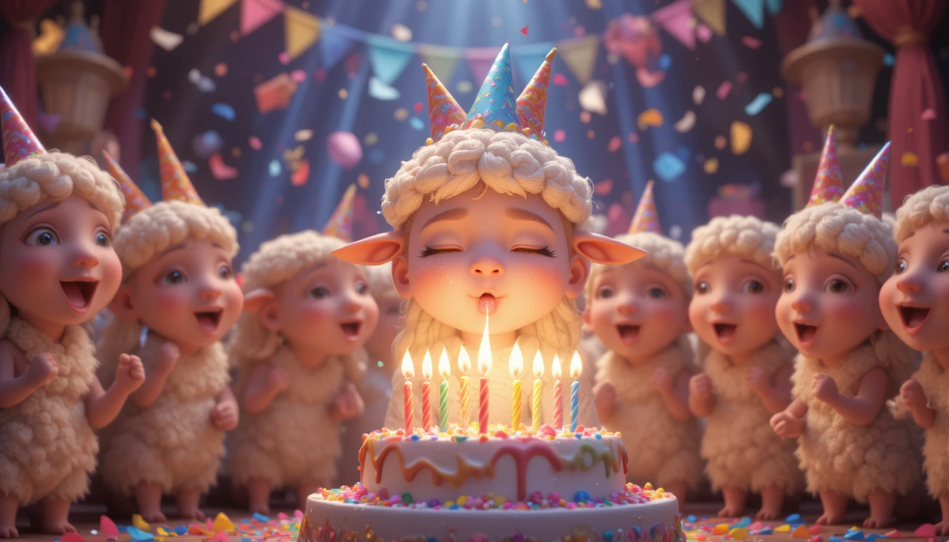 Cartoon birthday sheep blowing out candles at party