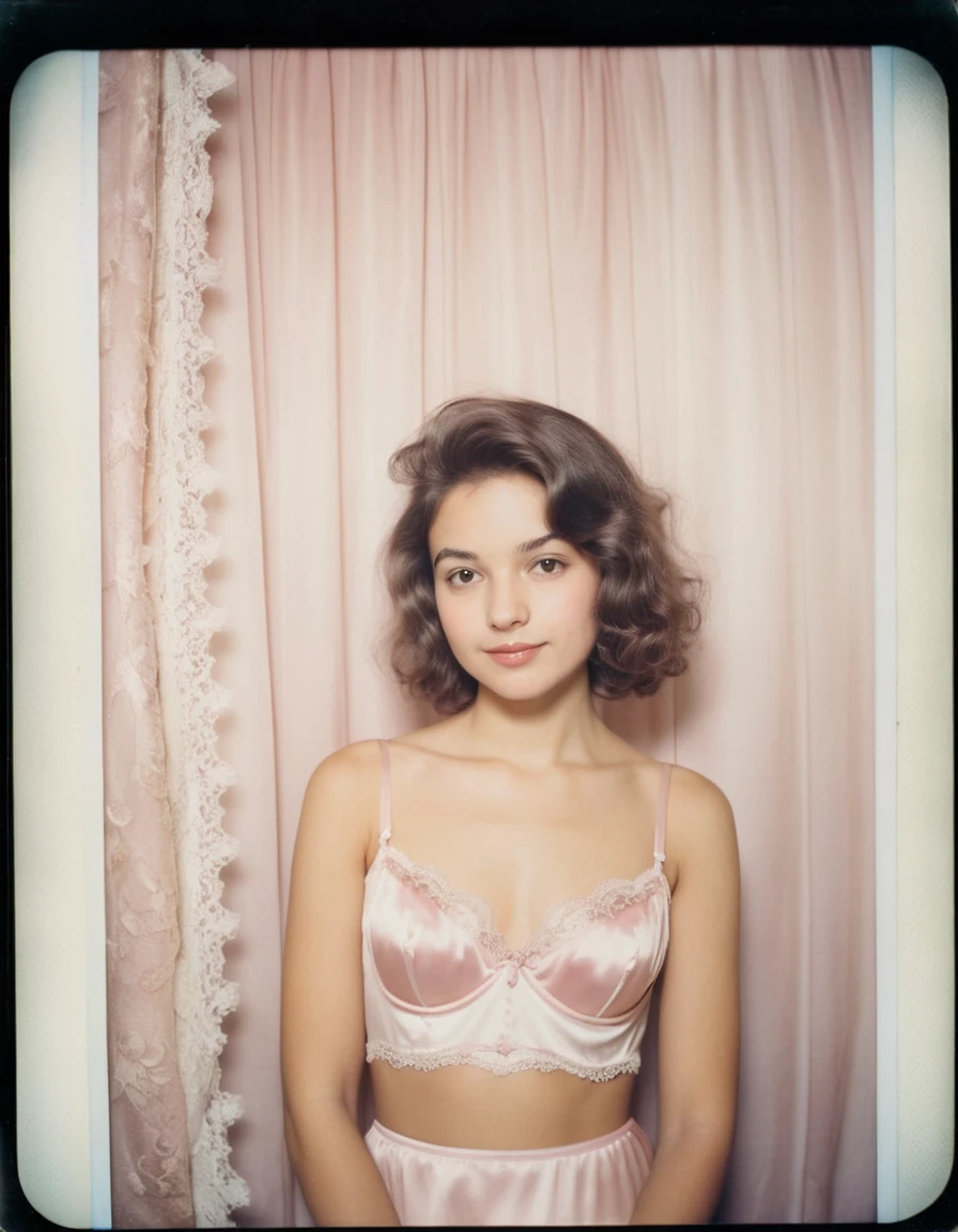 Young woman in pastel lingerie inside a vintage photo booth