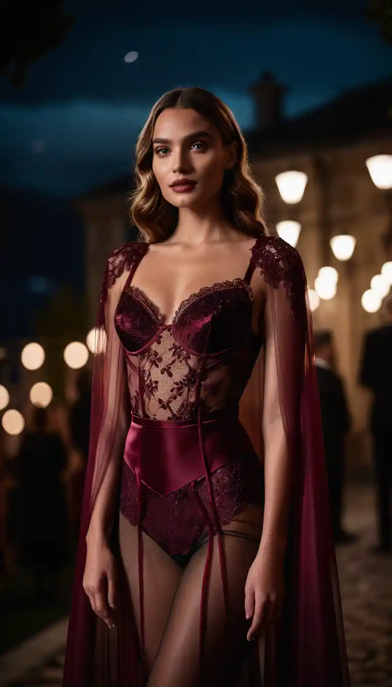Young model in burgundy lingerie at night outdoor photocall