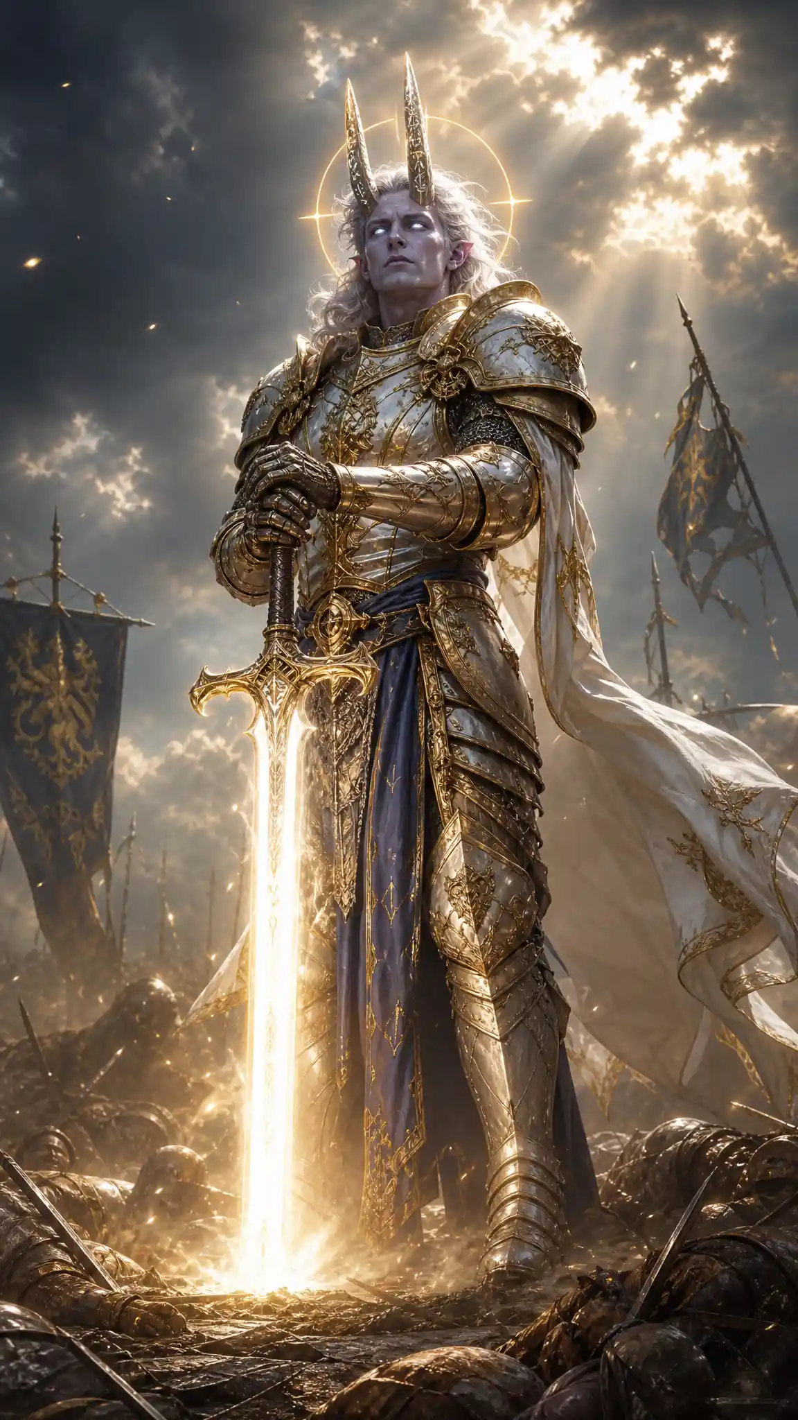 Heroic tiefling paladin on a radiant war torn battlefield