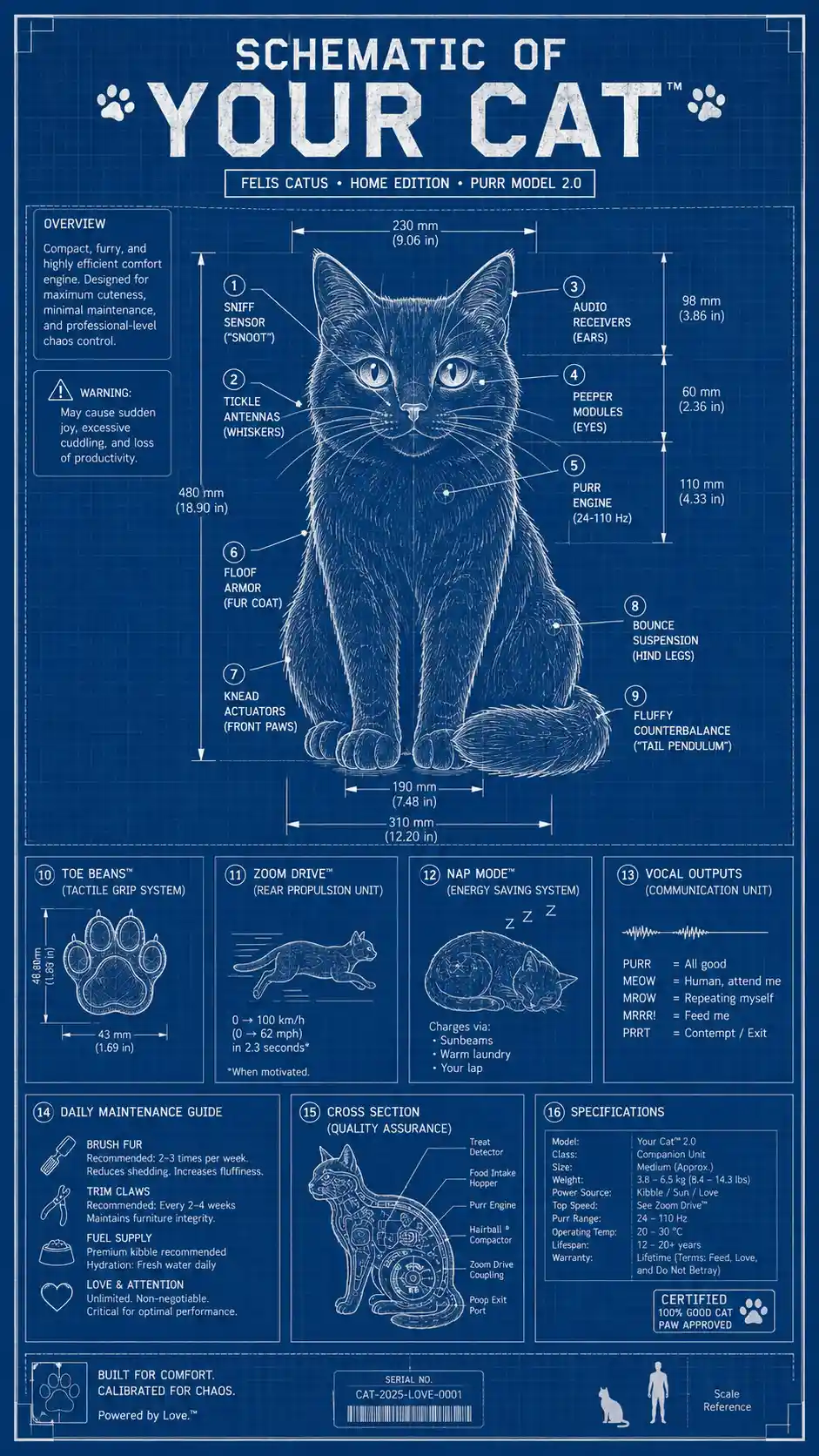 Diagrama técnico cômico de um gato de desenho animado sentado