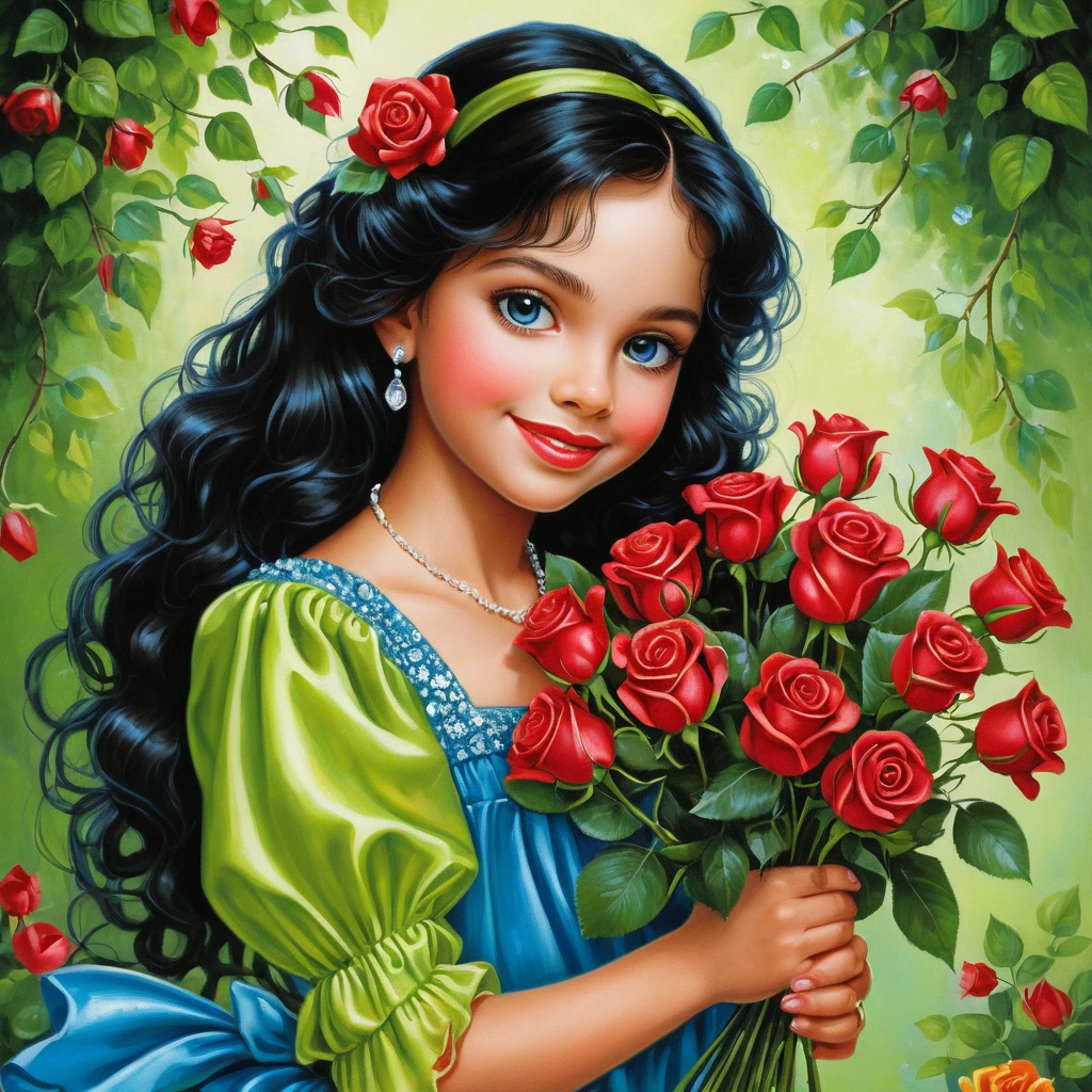 Smiling girl with roses in bright green blouse