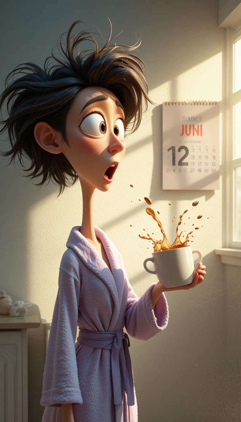 Panicked Cartoon Woman Spilling Coffee At June Calendar