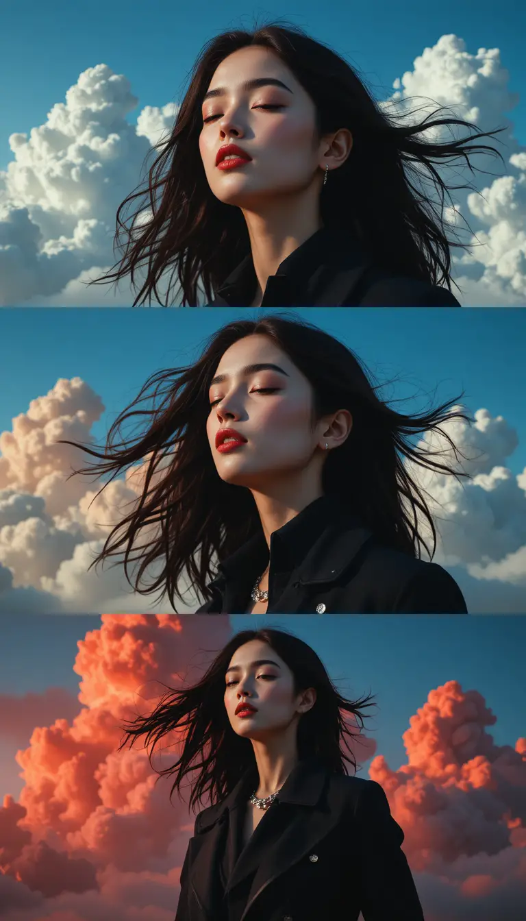 Cinematic triptych of a woman against dramatic cloudscapes