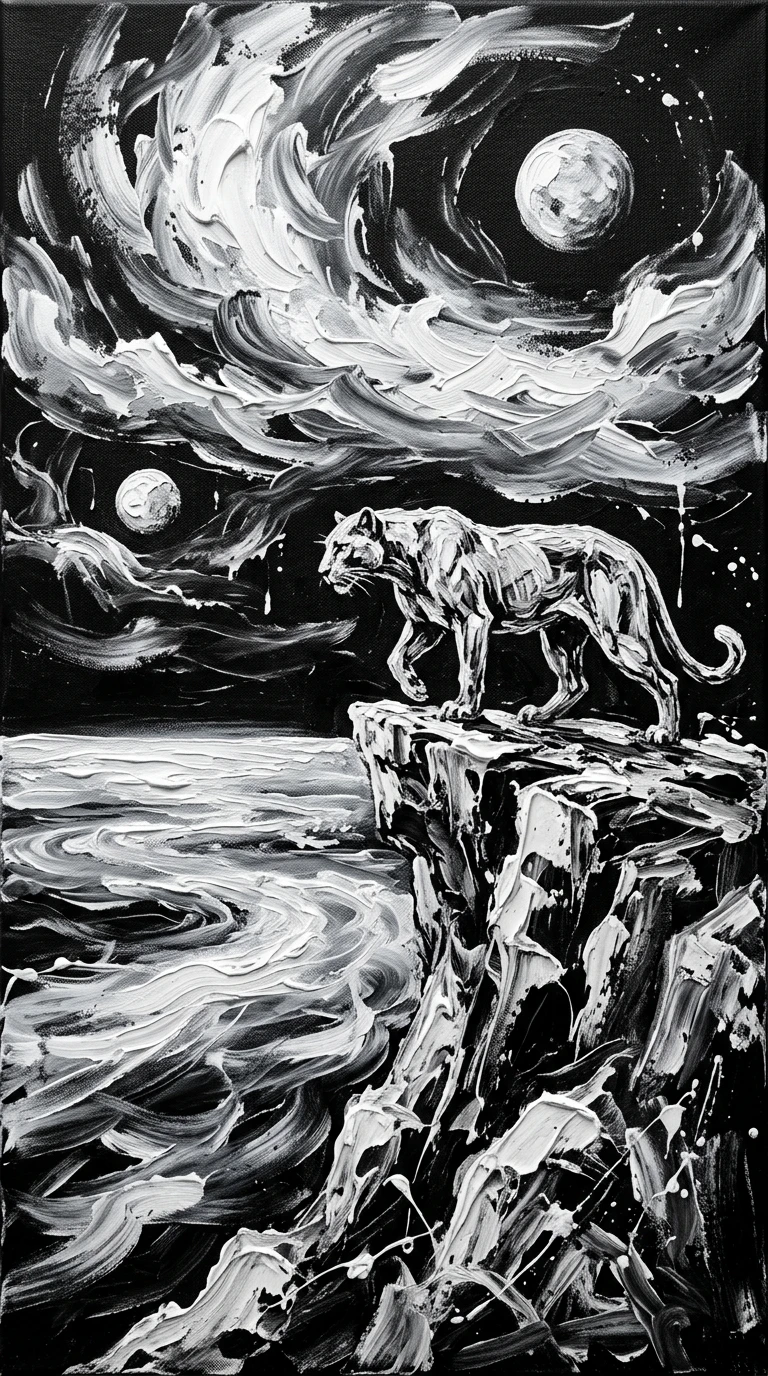 Ancient panther on a cliff above a glowing alien sea