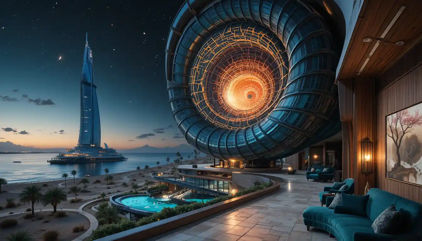Prédio futurista em espiral no deserto brilhando sob um céu estrelado