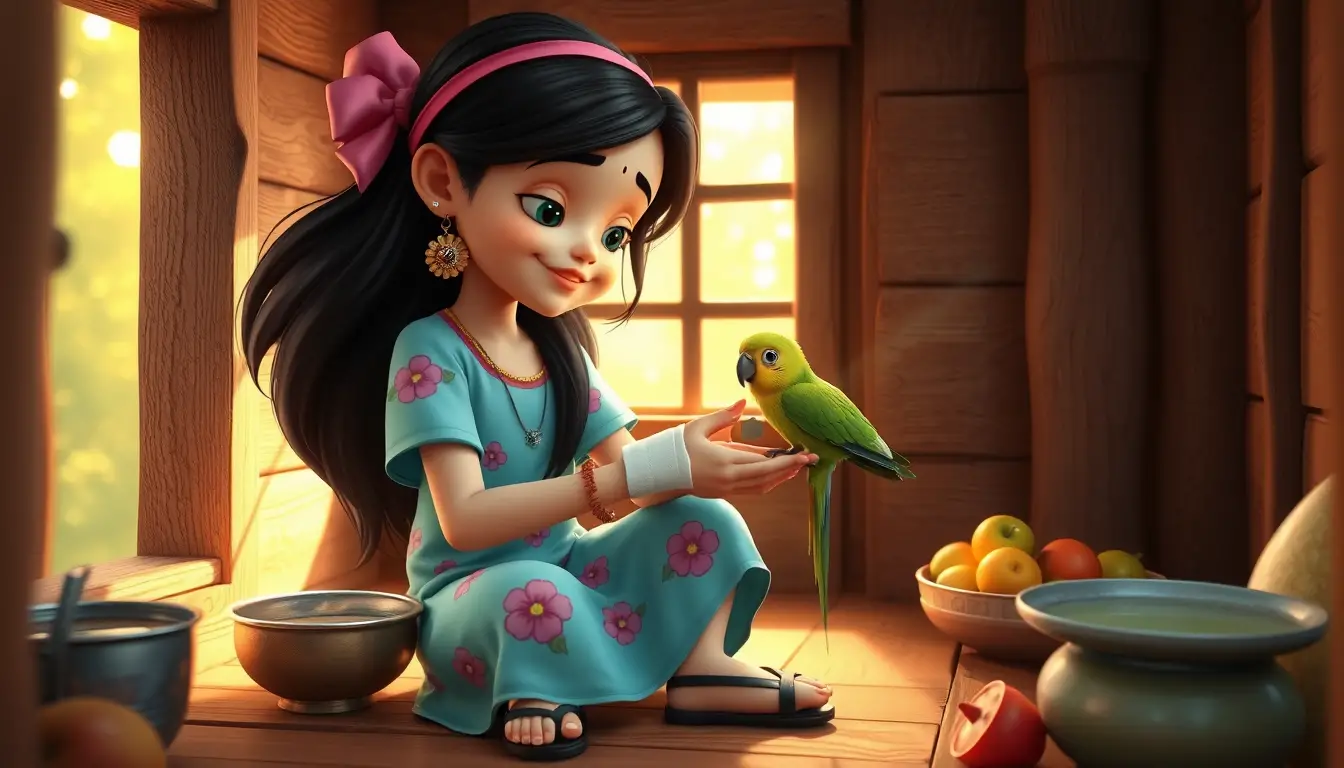 Joven niña vendando a un loro en una acogedora habitación de madera