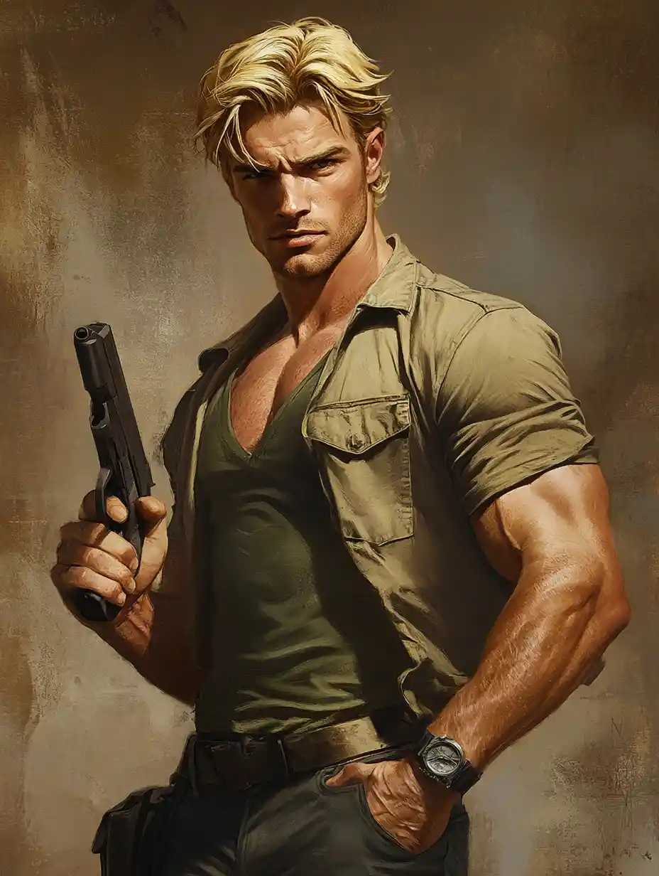 Serious blond man with pistol in fitted layered shirts