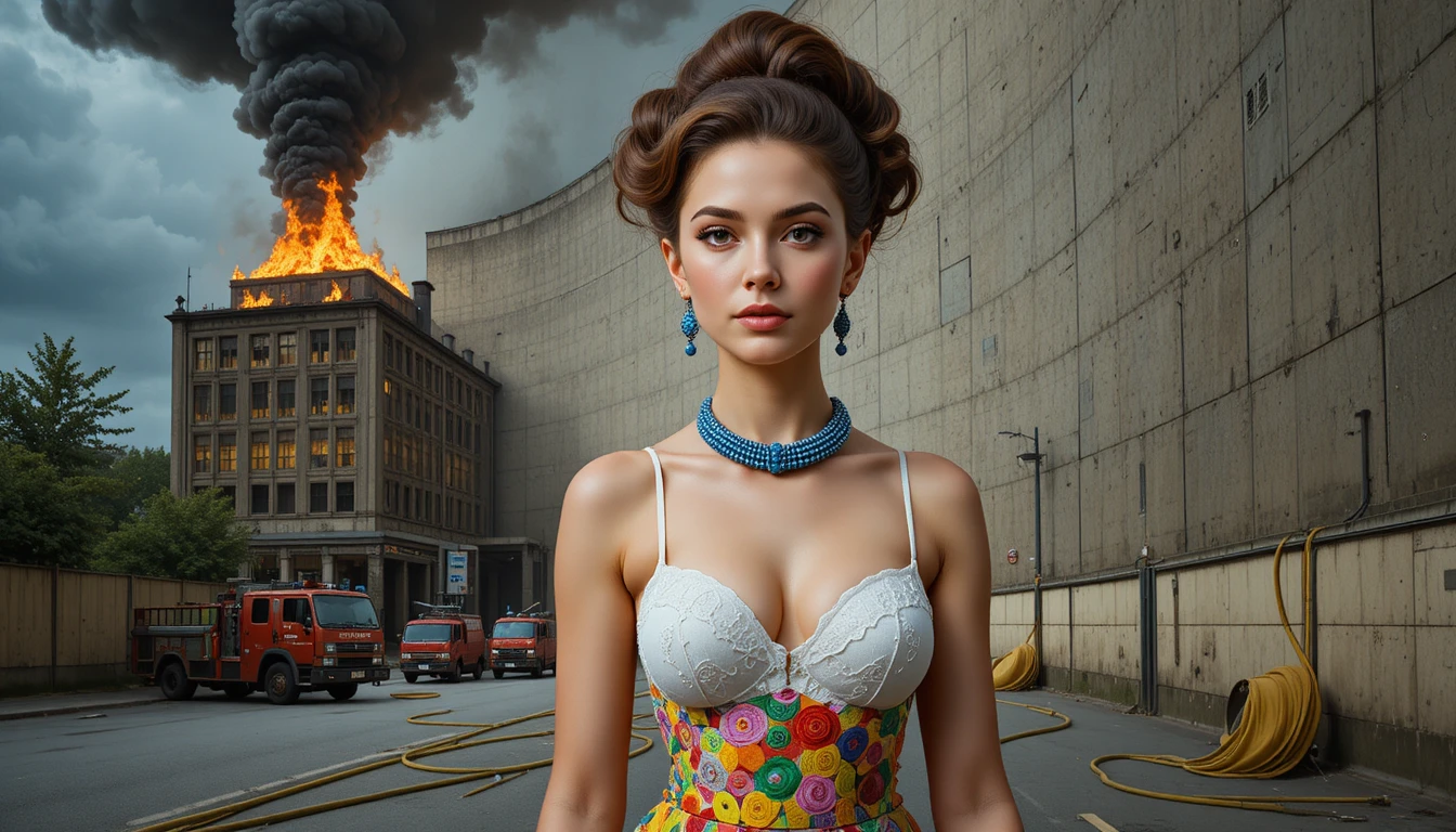 Industrial building on fire with firefighters battling flames
