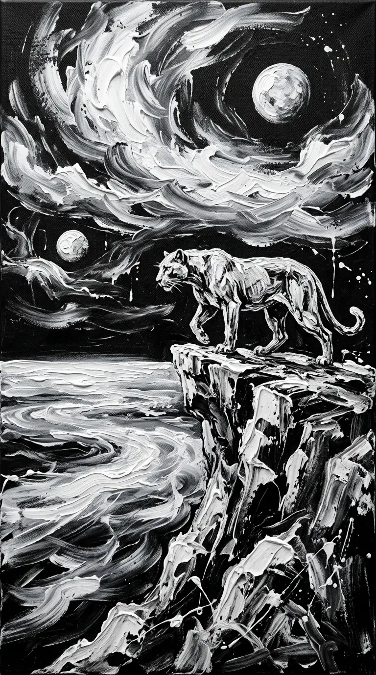 Ancient panther on a cliff above a glowing alien sea