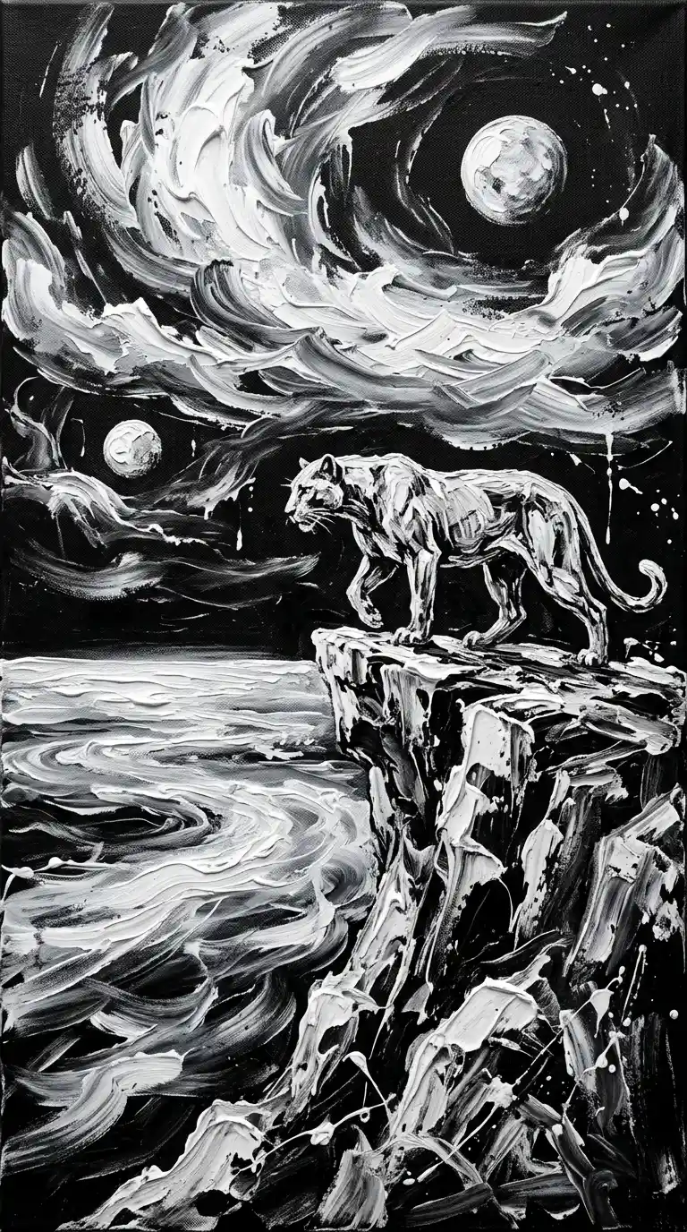 Ancient panther on a cliff above a glowing alien sea