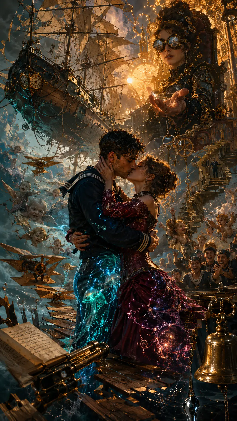 Surreal embrace of sailor and fiancee on fractured dock