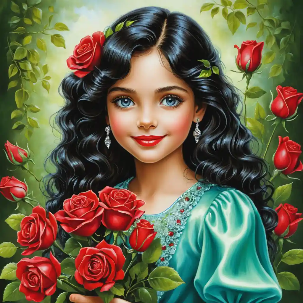 Smiling girl with roses in lime green satin blouse