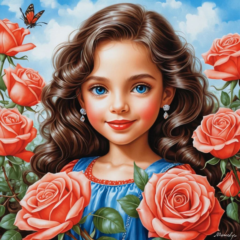 Smiling girl with roses in shiny satin blouse