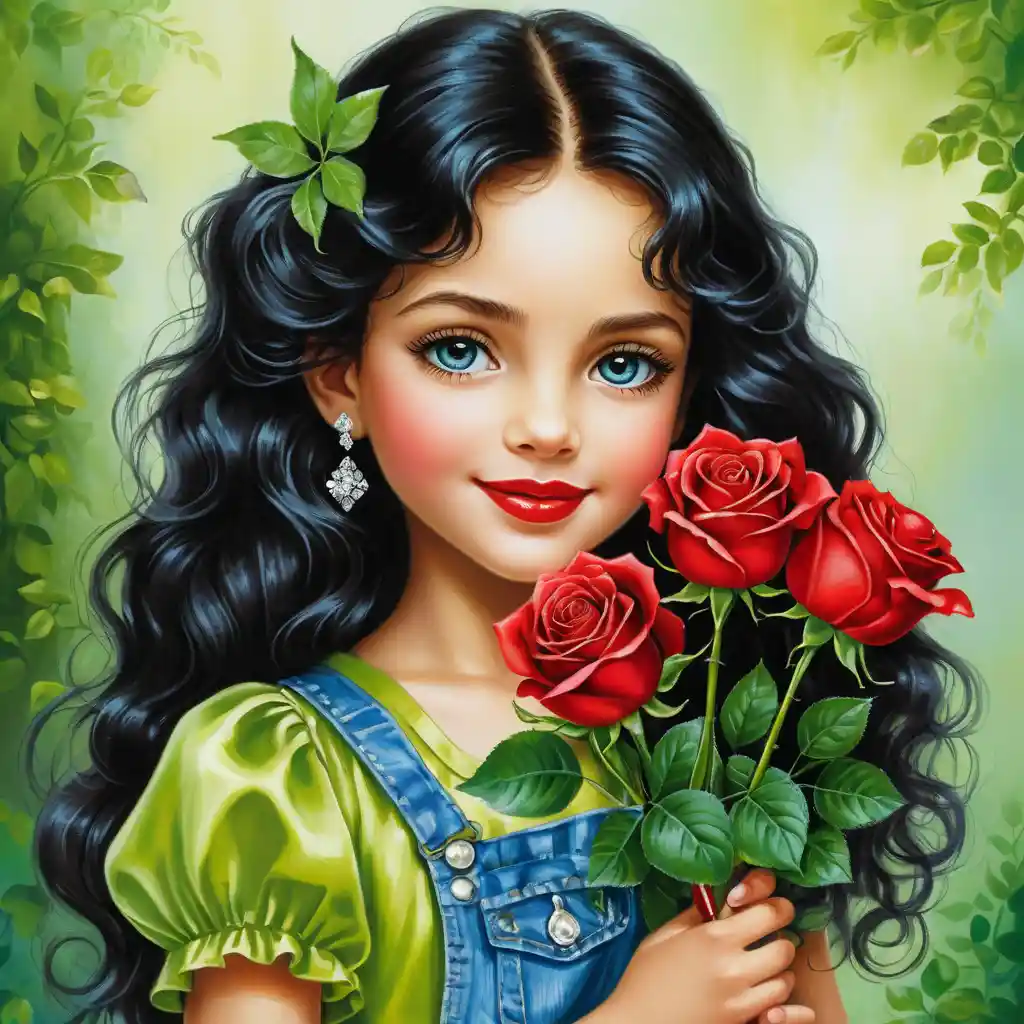 Smiling girl with roses in lime green satin blouse