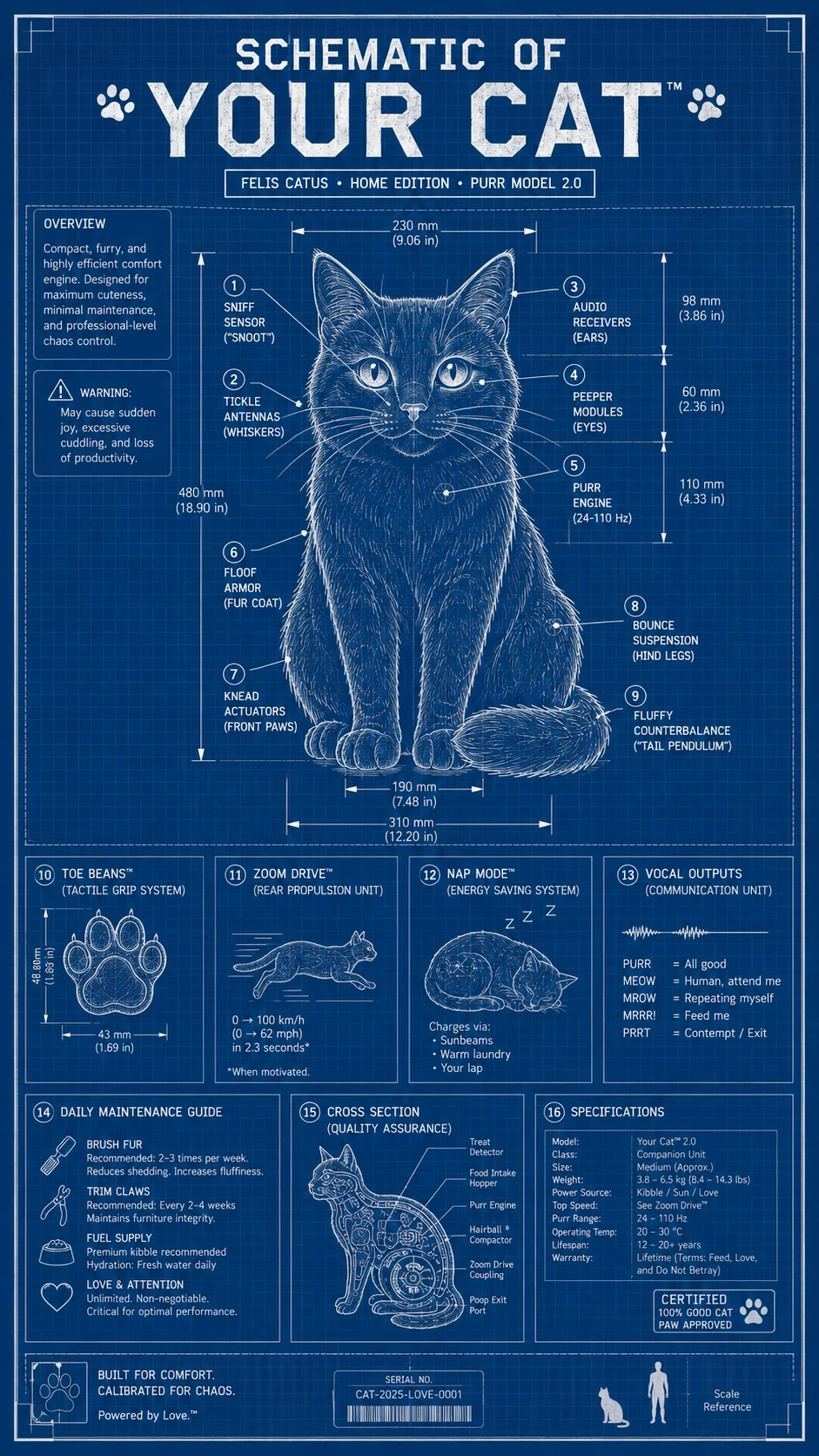 Humorous technical blueprint diagram of a sitting cartoon cat