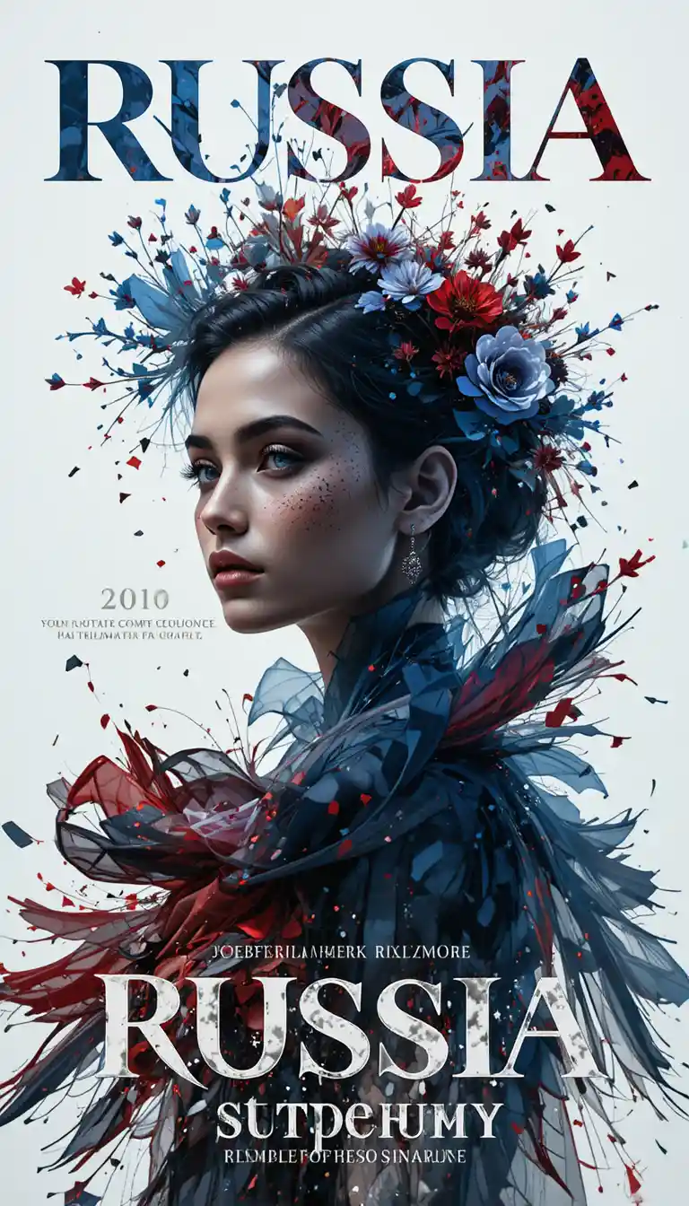 High fashion portrait with Russian calligraphy and flowing fabrics