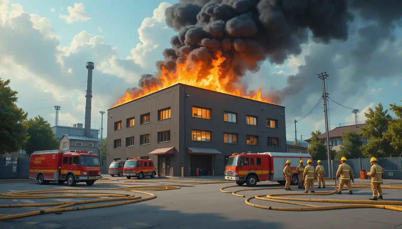 Industrial building on fire with firefighters and smoke