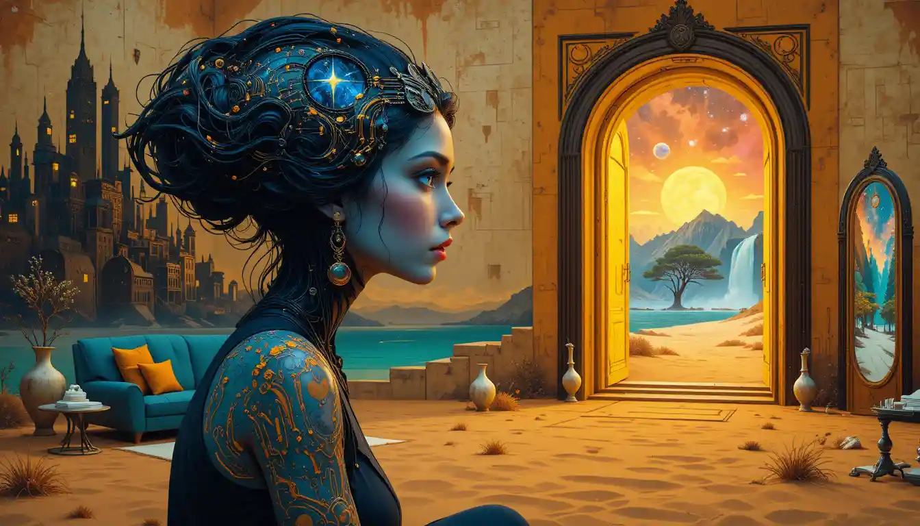 Alien woman by an ancient clock in amber desert light