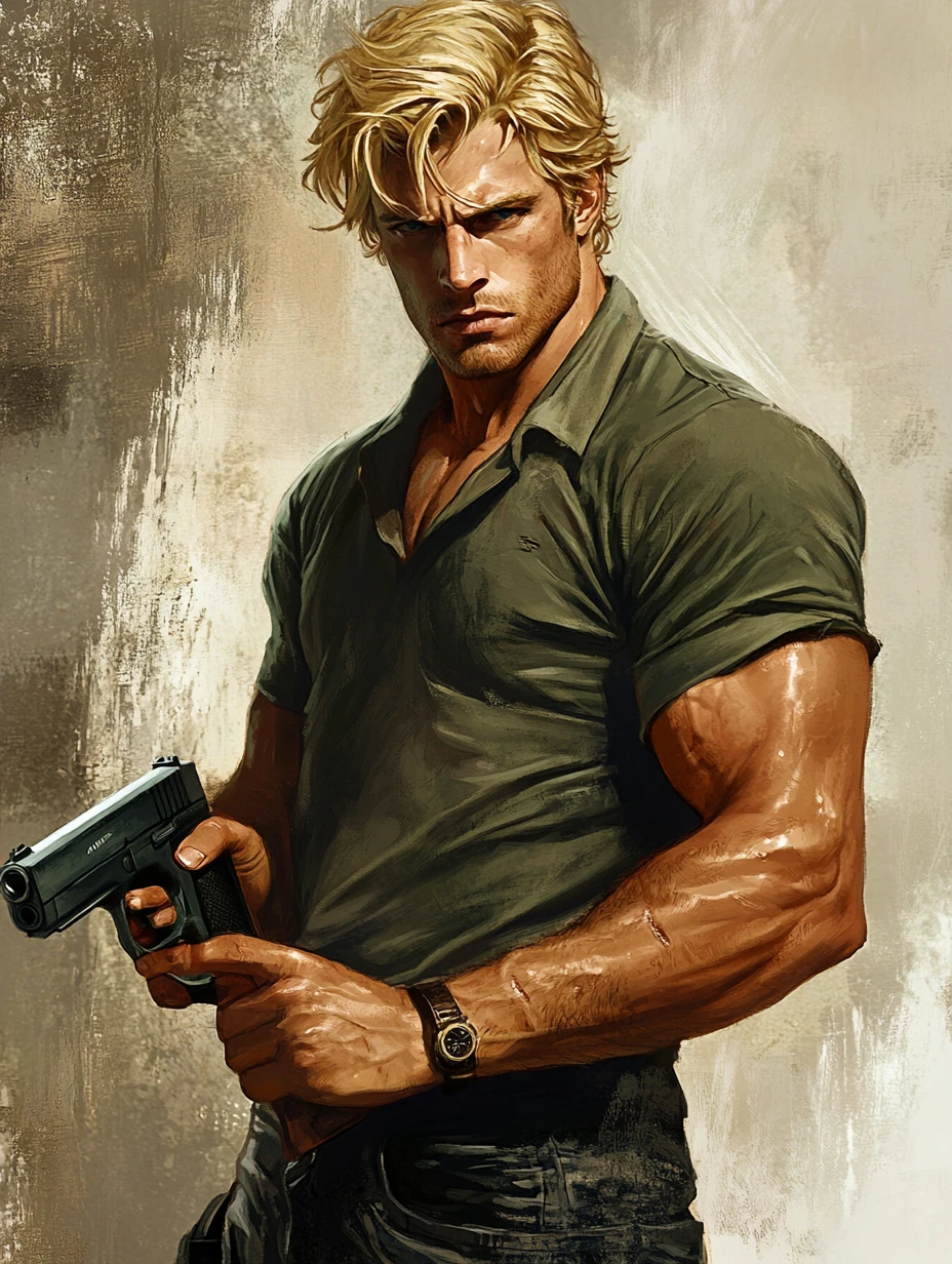 Serious blonde man with pistol in fitted layered shirts