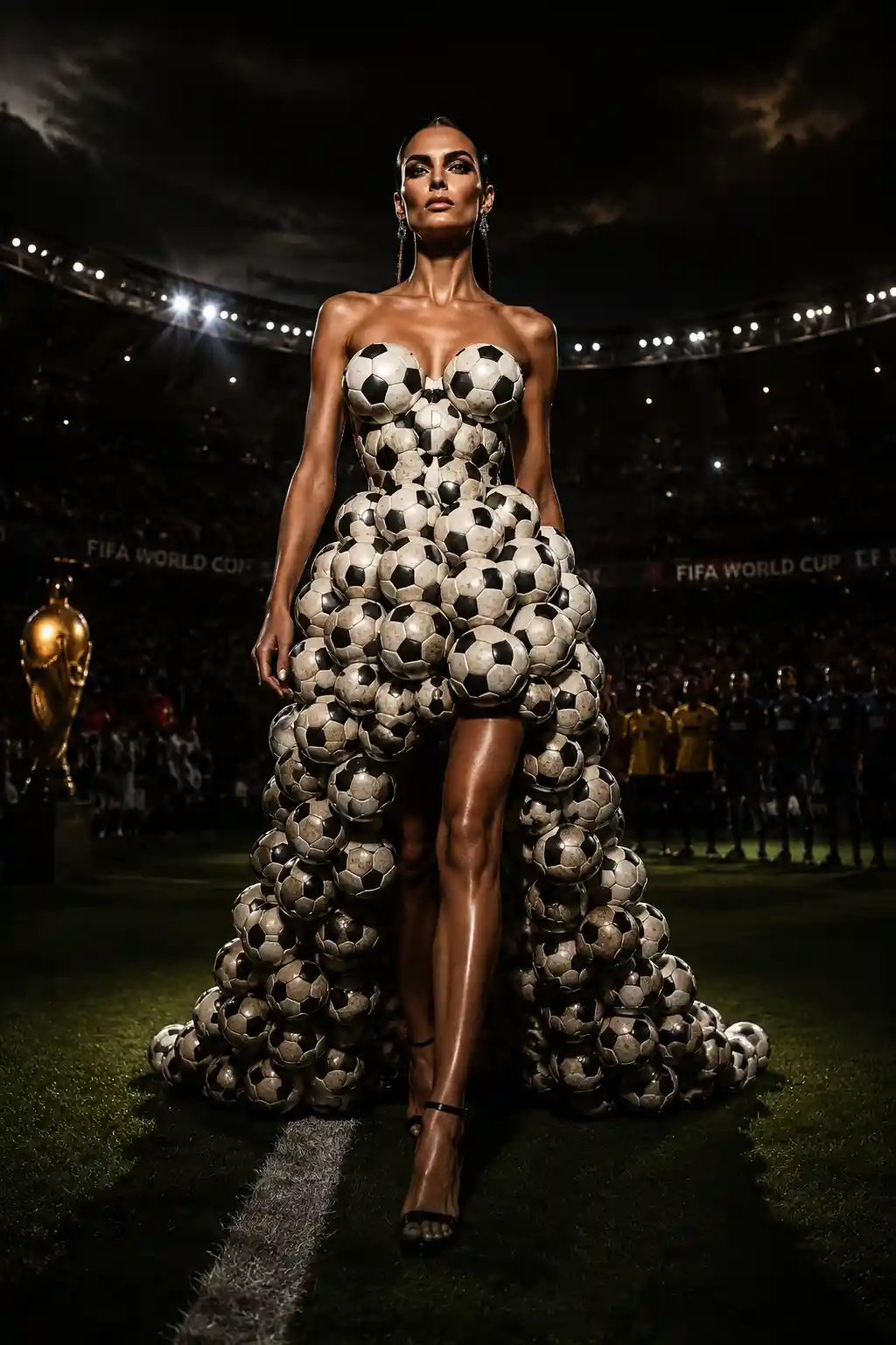 Fashion model in soccer ball dress on stadium runway