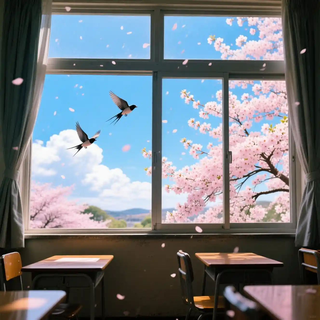 Spring sky and cherry blossoms seen from a quiet classroom window