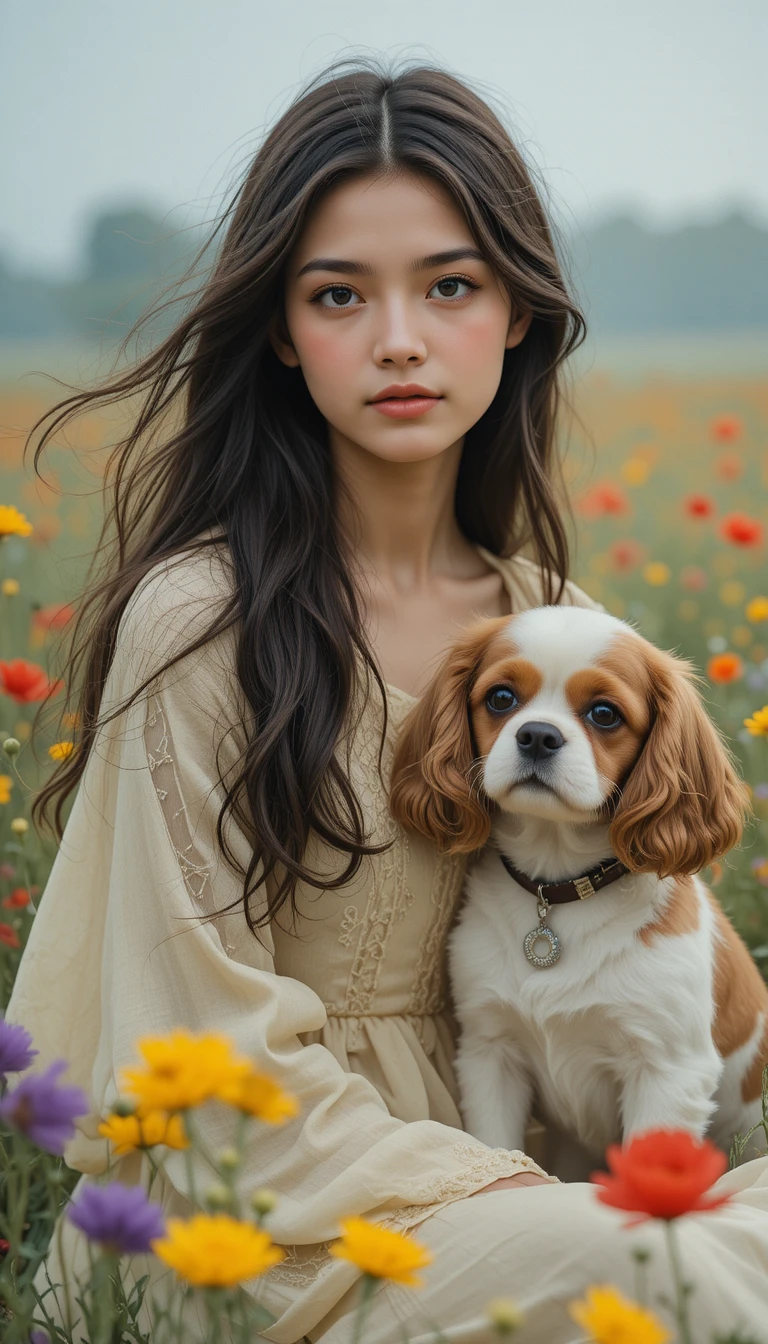 Girl with spaniel dog in a field of wildflowers