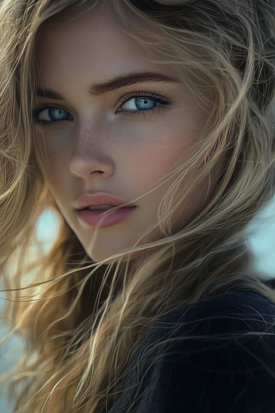 Cinematic close up of a blonde woman with sorrowful eyes