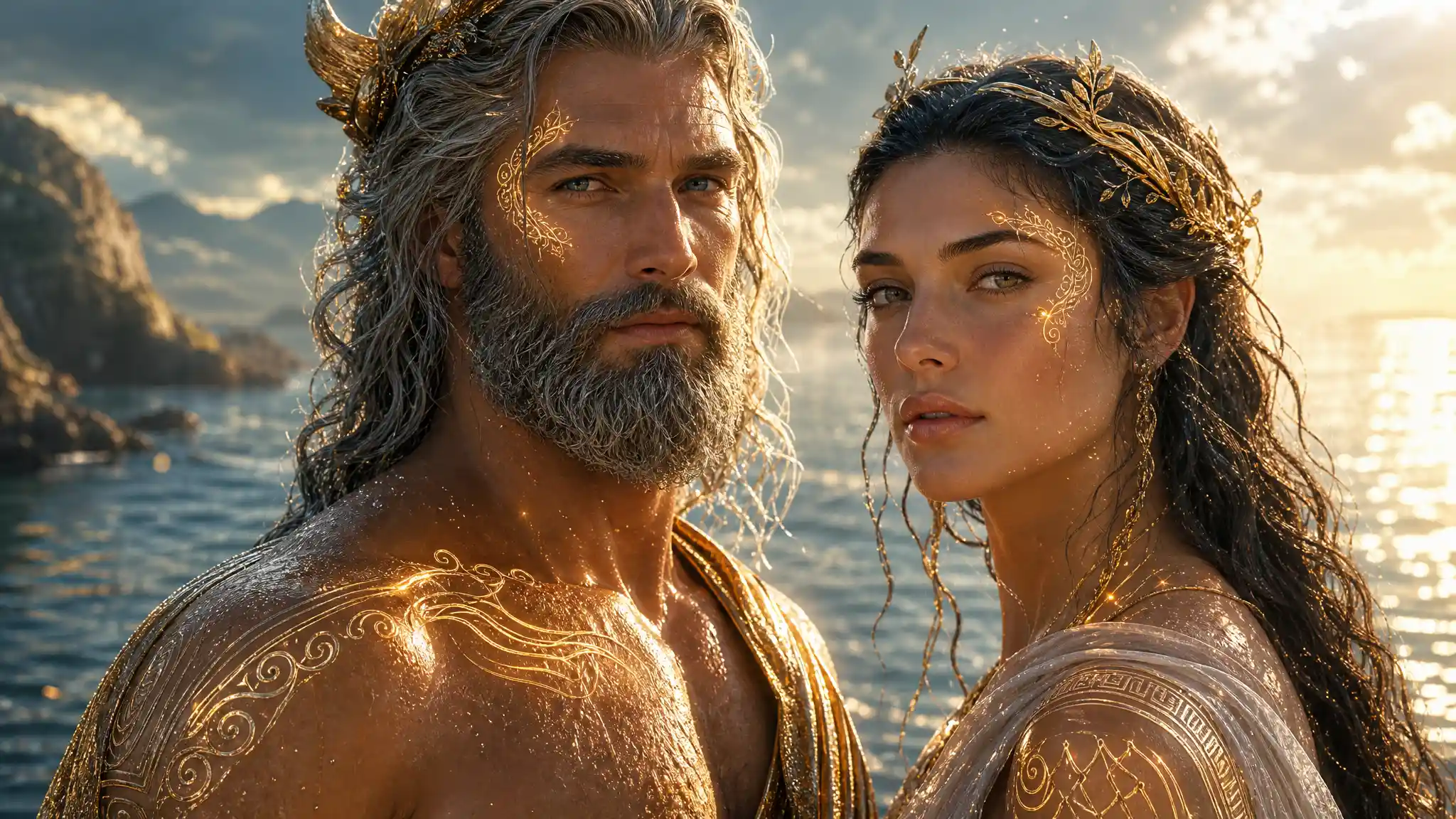 Divine sea god and goddess standing by a glowing ocean