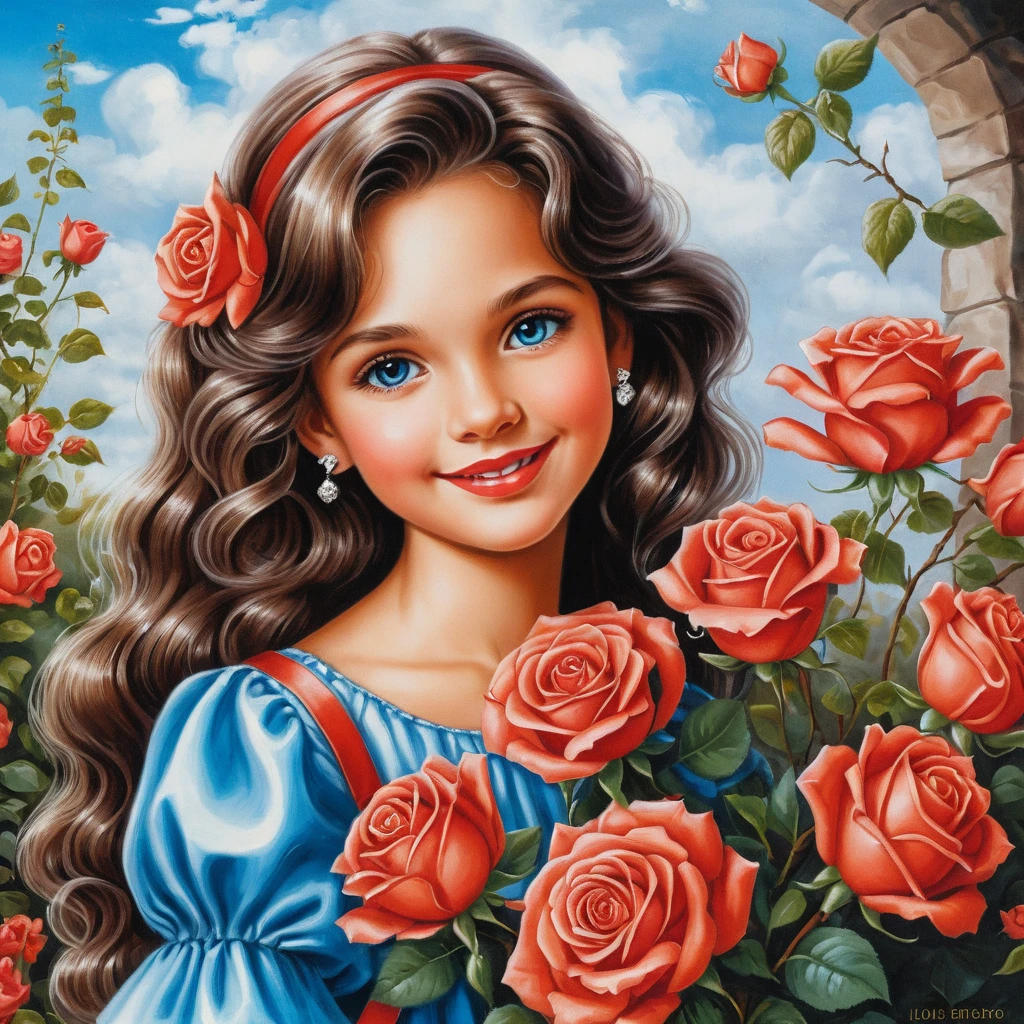 Niña sonriente con rosas y blusa satinada salmón brillante
