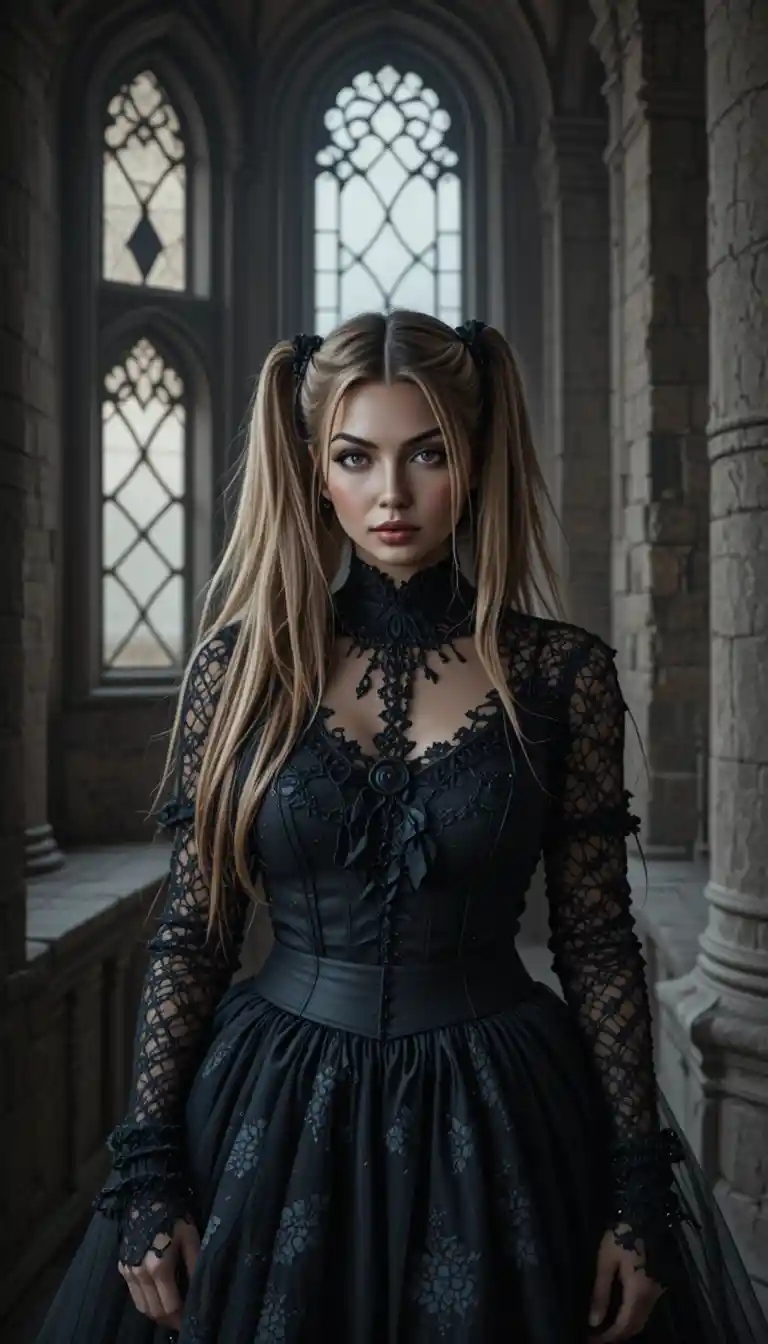 Goth woman with dark makeup in a castle tower window