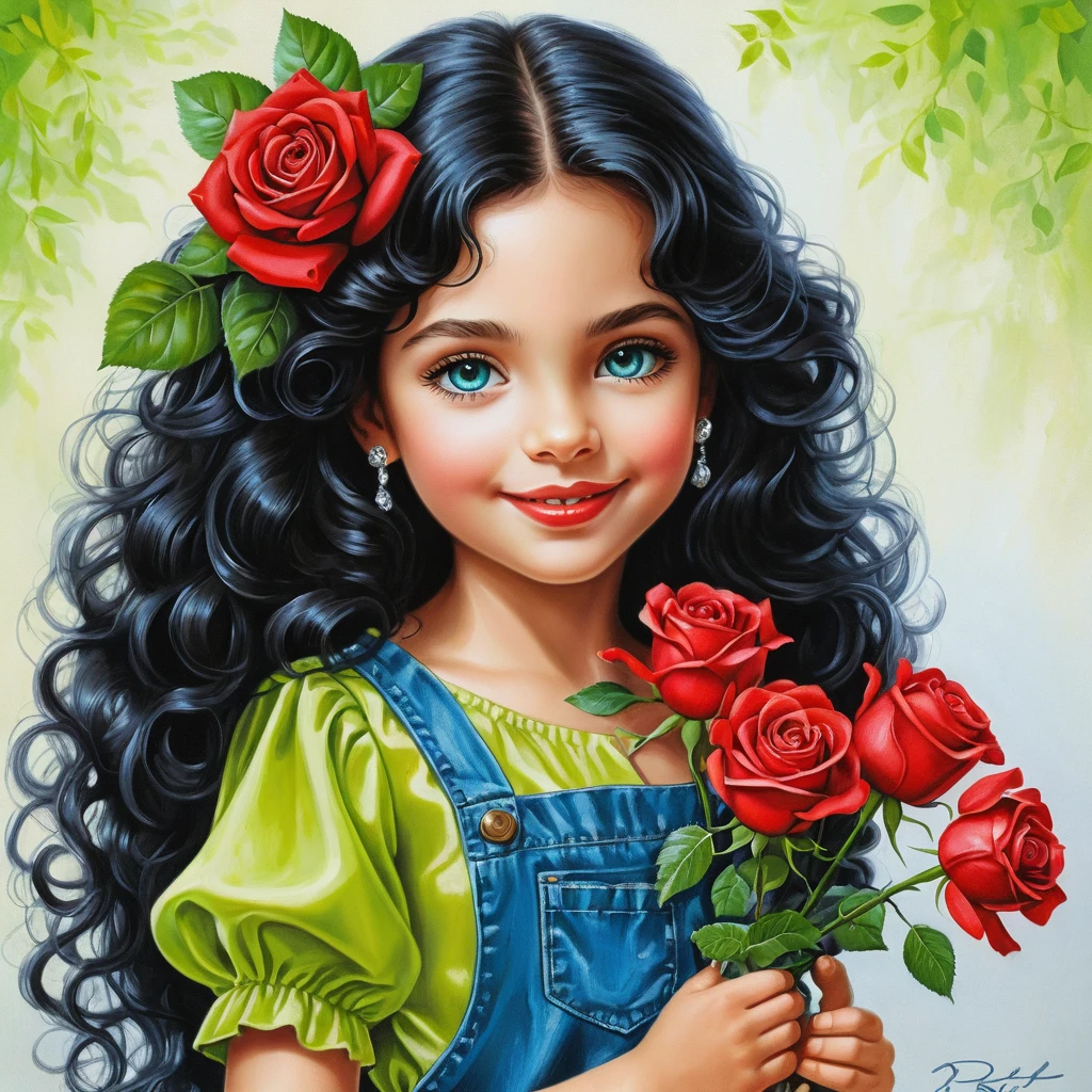 Smiling girl with roses in lime green satin blouse