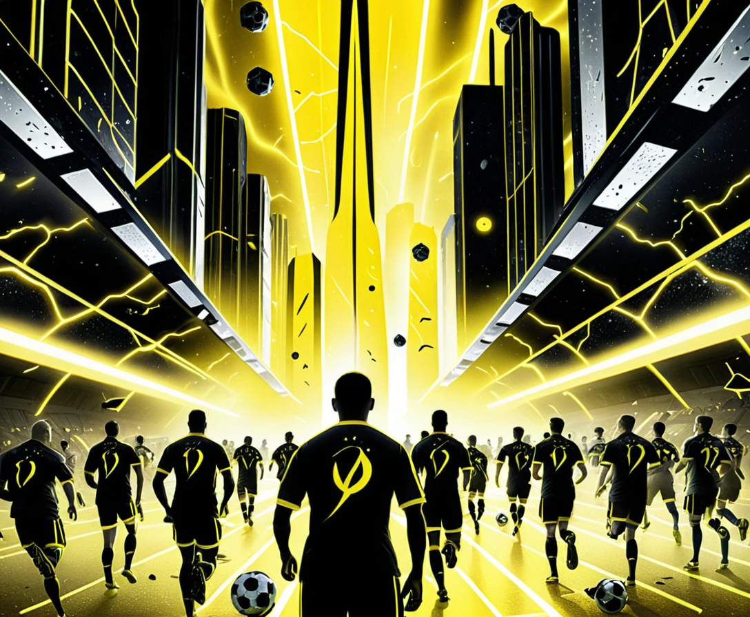 Surreal infrared soccer players in a futuristic city stadium