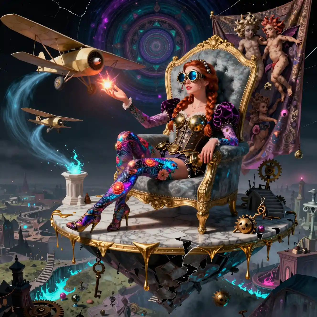 Surreal princess on an obsidian throne in floating villa