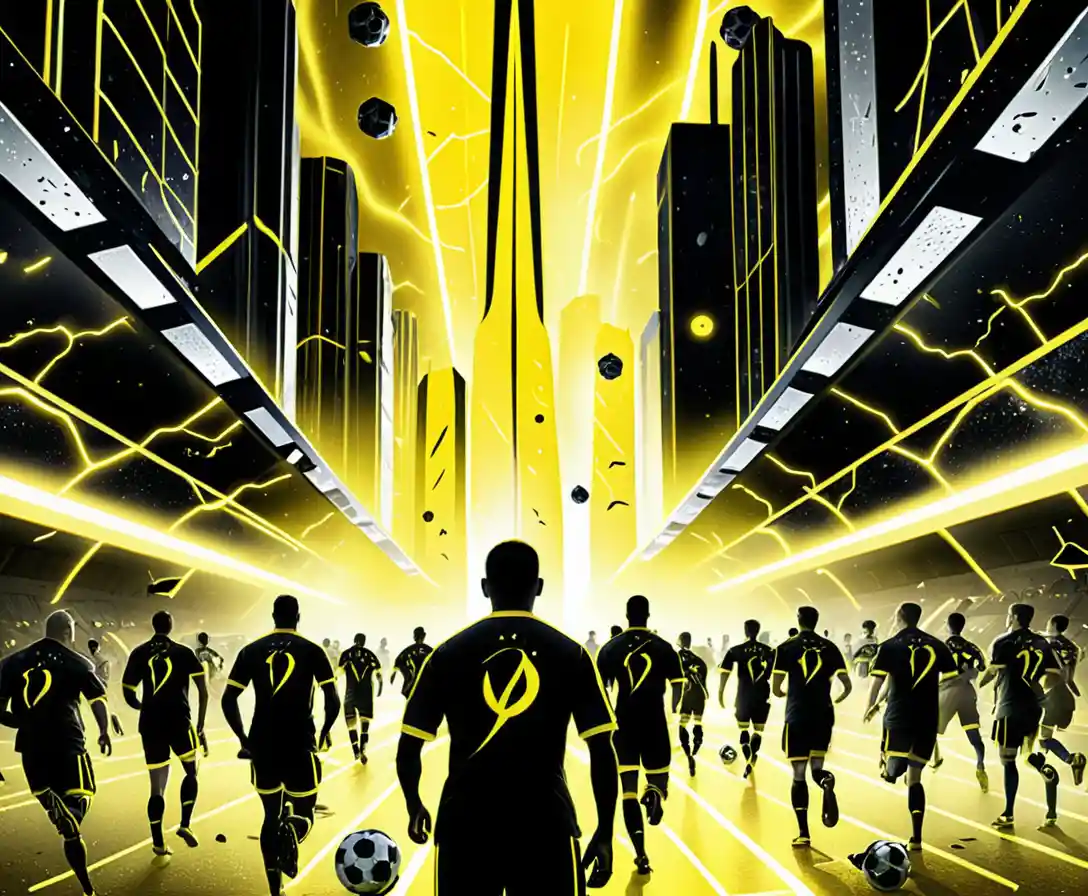 Surreal infrared soccer players in a futuristic city stadium
