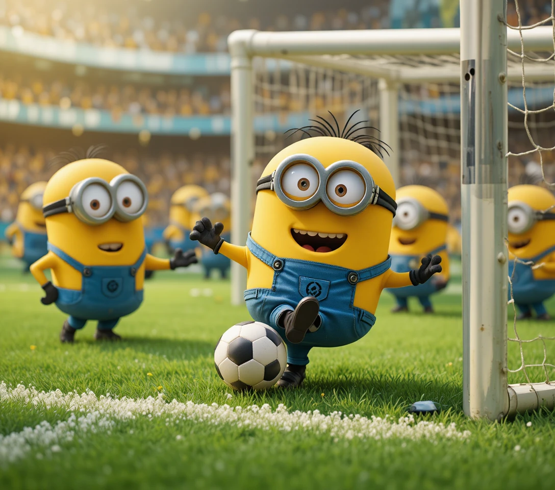 Cartoon characters playing football on bright green field