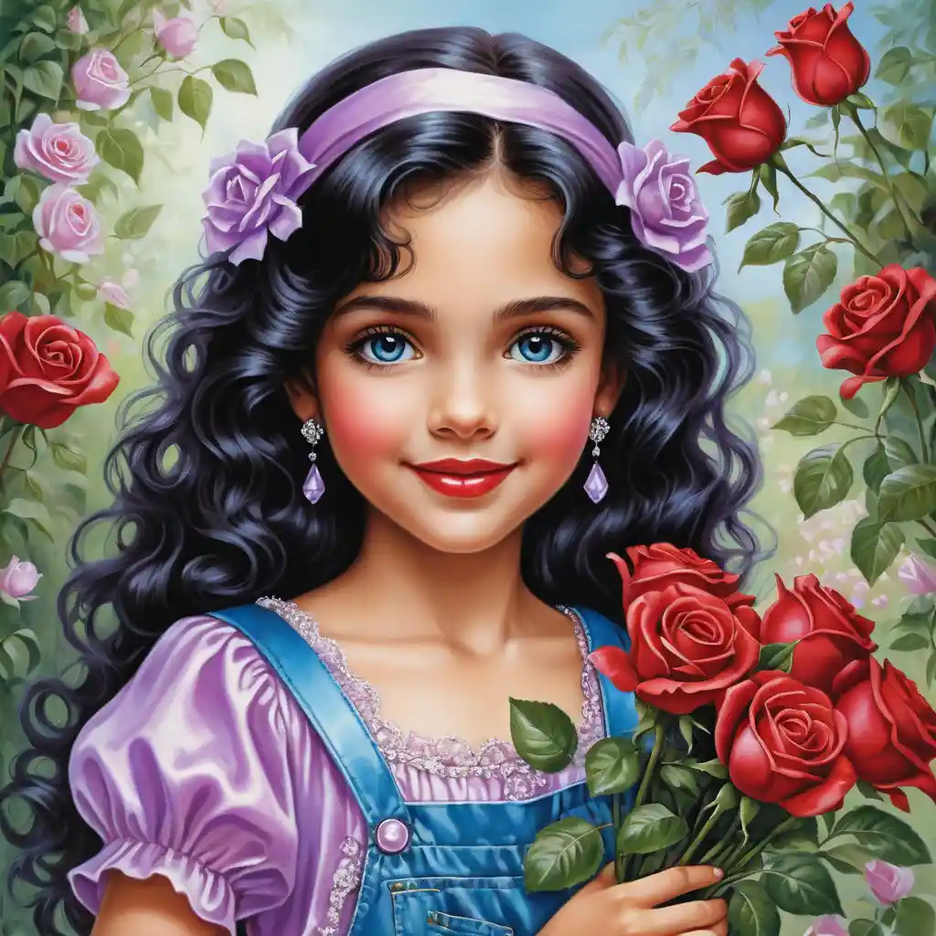 Ritratto di ragazza sorridente con rose e camicetta di raso color lavanda