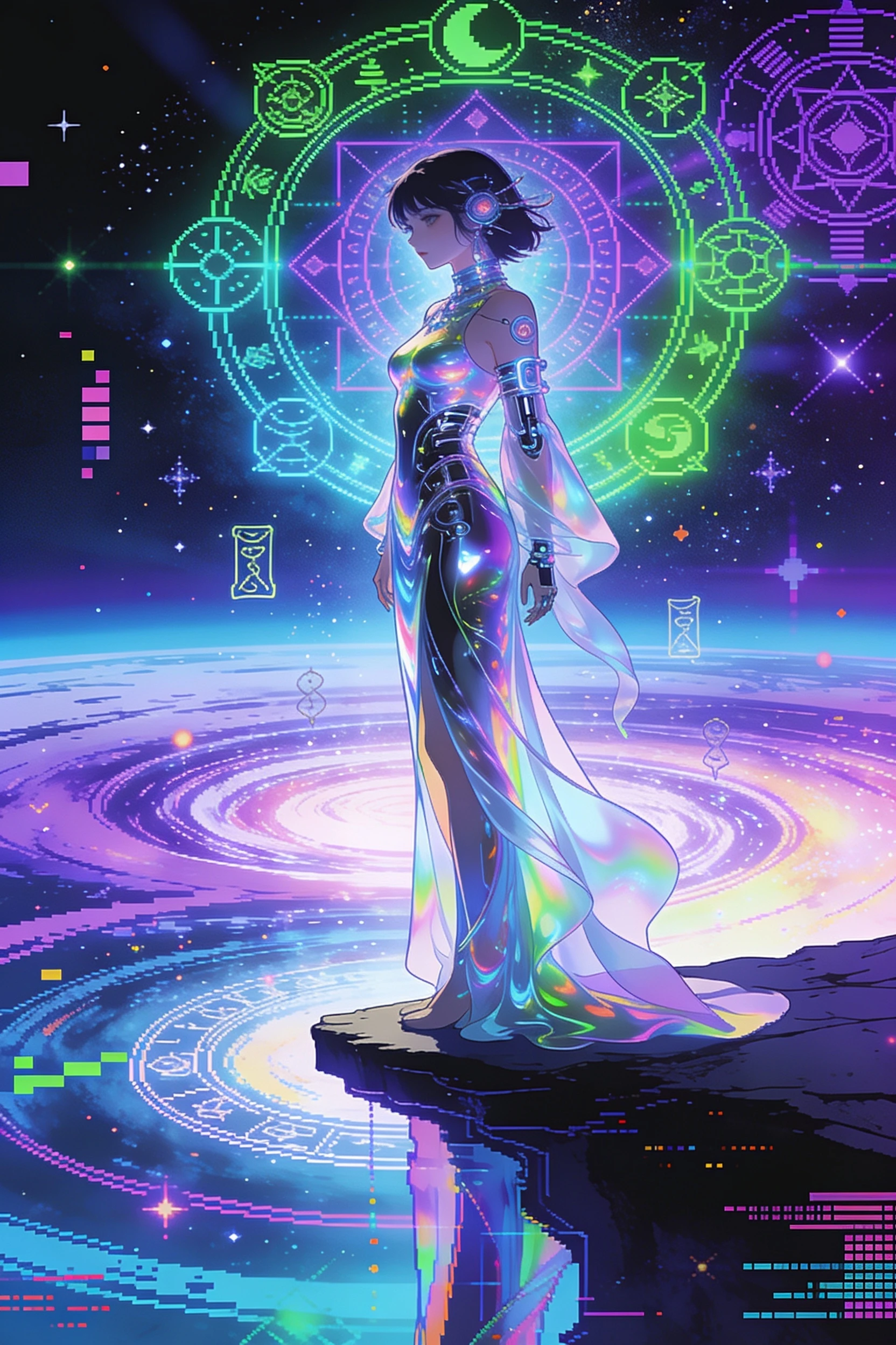 Cybernetic mystic woman at the edge of a dream realm