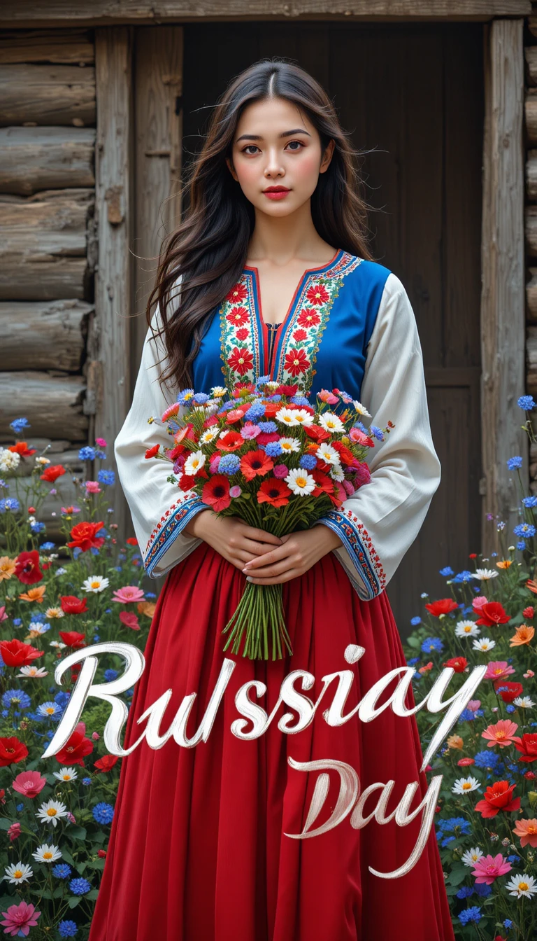 Woman in Slavic folk dress holding wildflowers outdoors