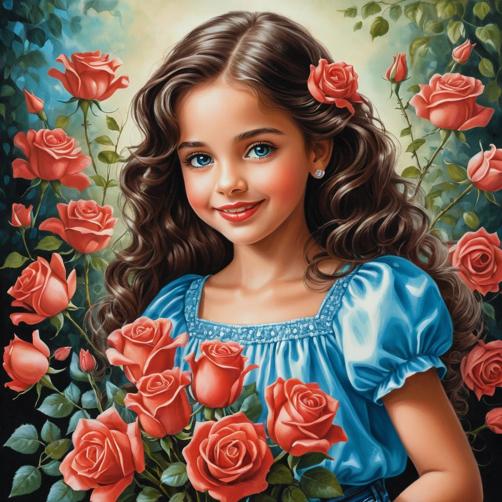 Smiling girl with roses in a shiny satin blouse