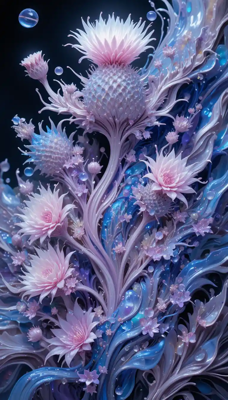 Glowing thistle with carved leaves in fluid glass mosaic