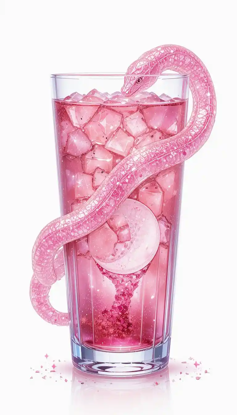 Delicate transparent drink with crystal pink snake and moon