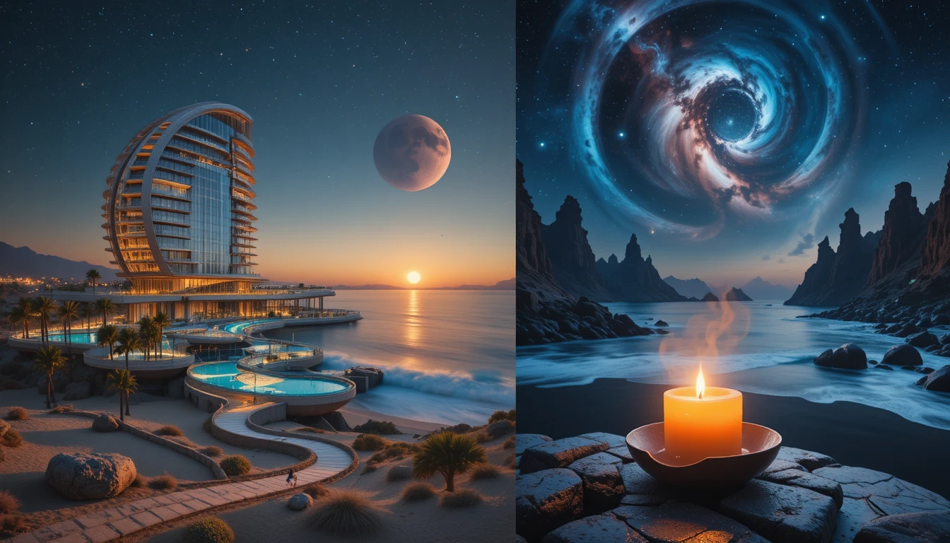 Futuristic spiral resort glowing over a tranquil ocean sunset