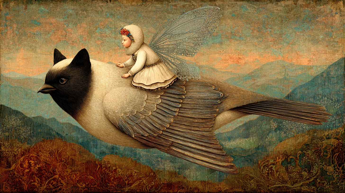 Cat fairy riding a giant sparrow over summer hills