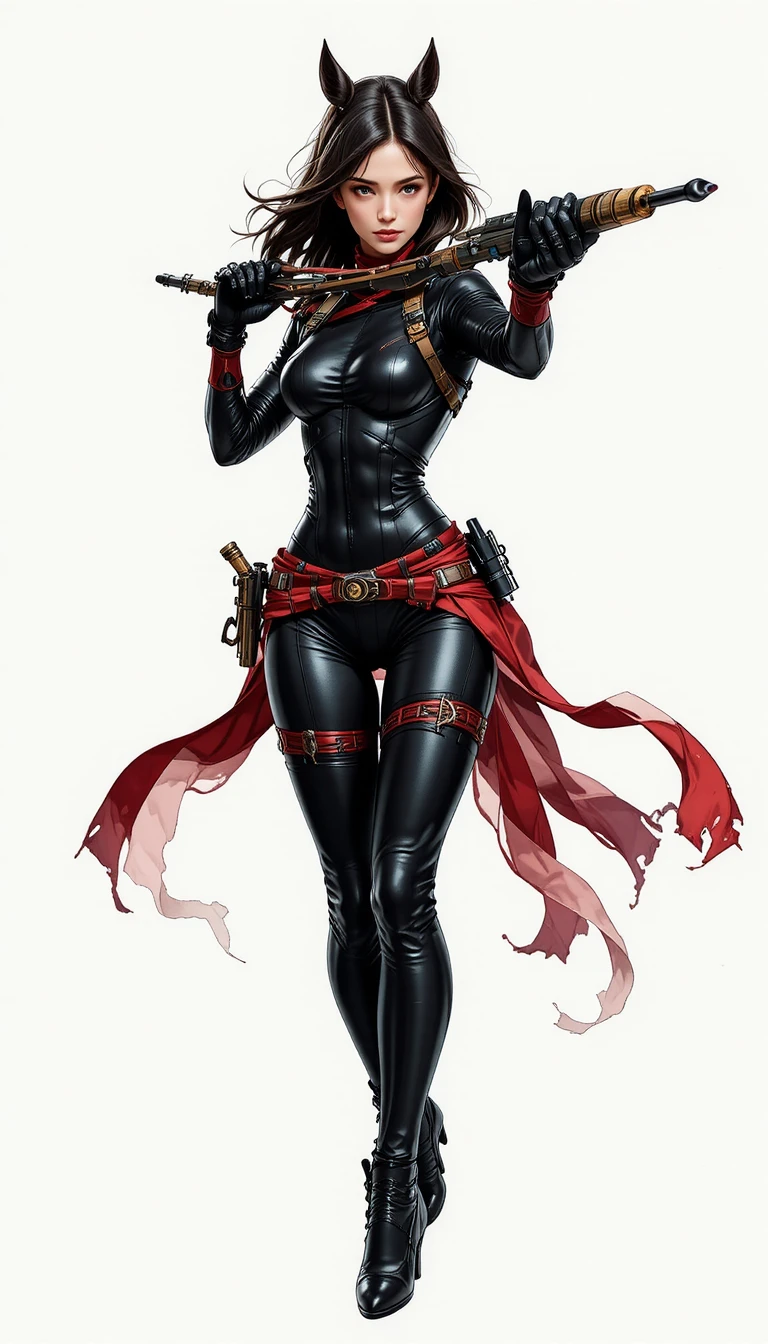 Armed warrior woman in leather bodysuit dynamic action pose