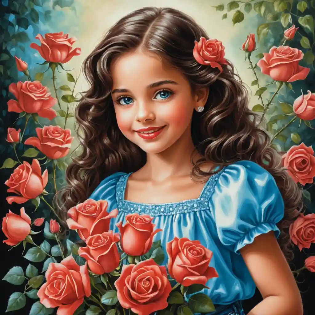 Smiling girl with roses in a shiny satin blouse