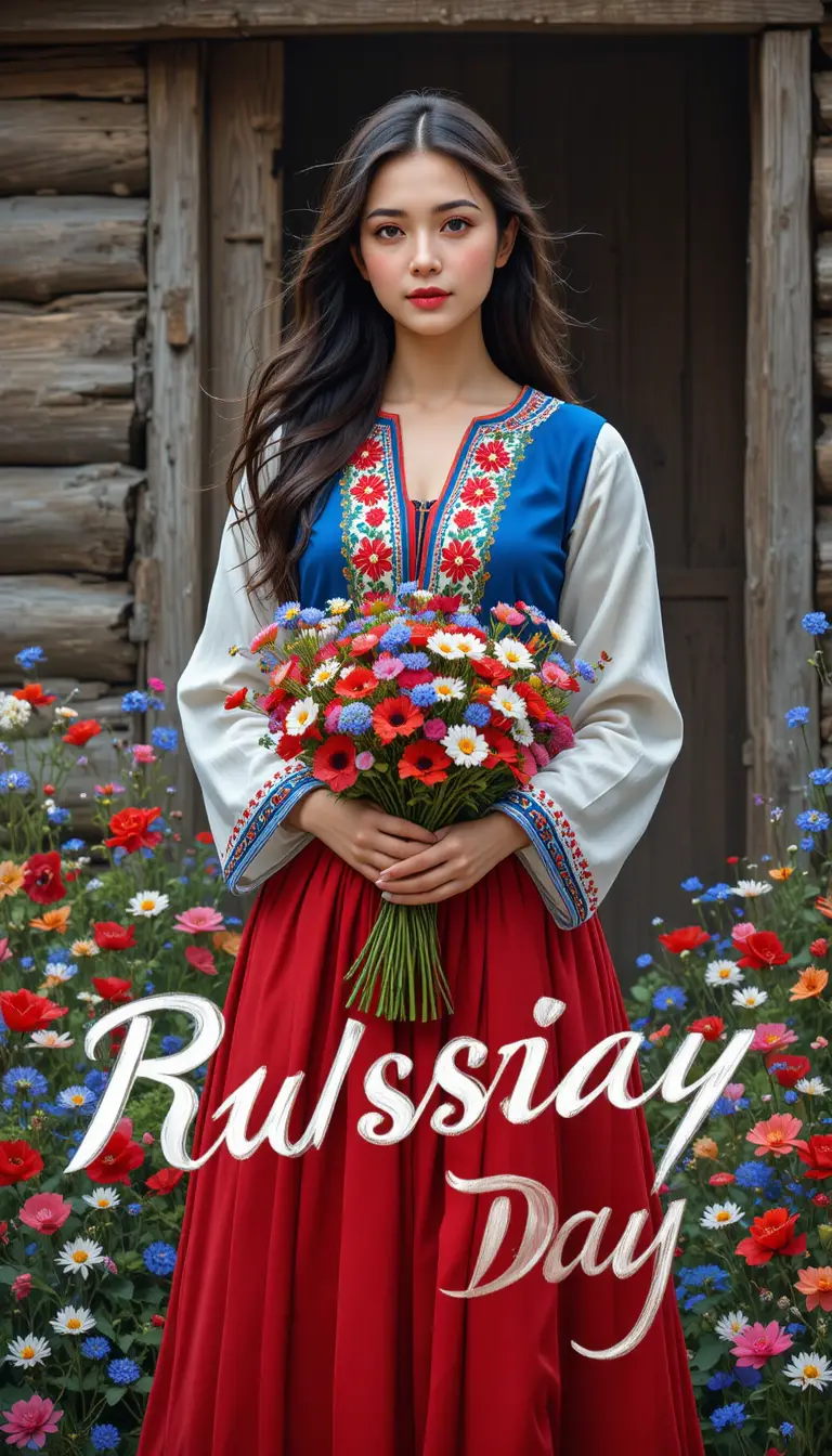 Woman in Slavic folk dress holding wildflowers outdoors