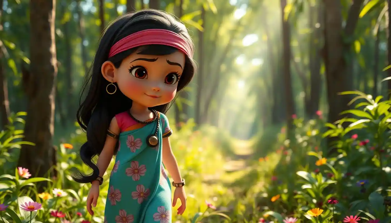 Curious young girl walking through a bright green forest
